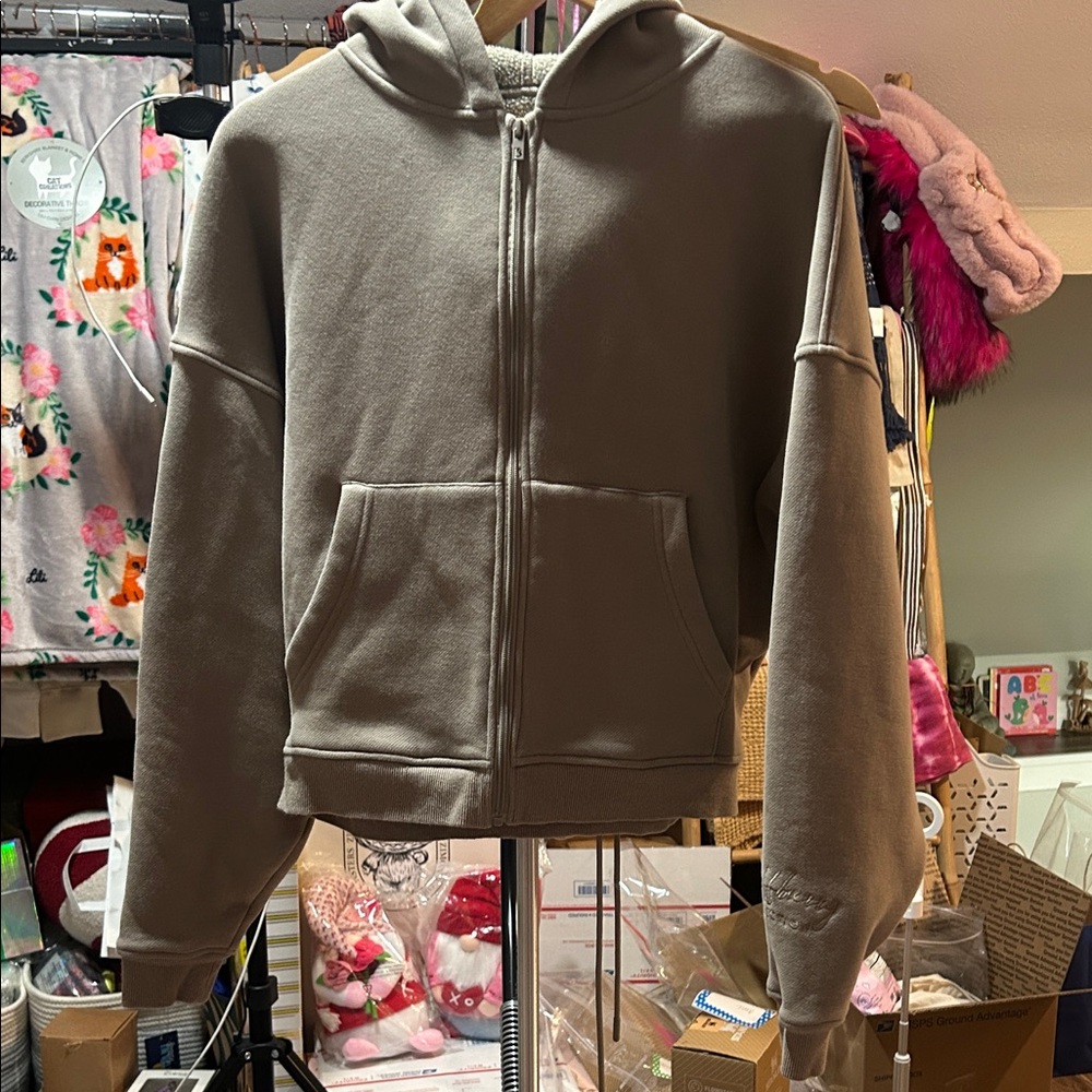 BuffBunny Neutral Zip-Up Hoodie in Light Taupe - Picture 4 of 8